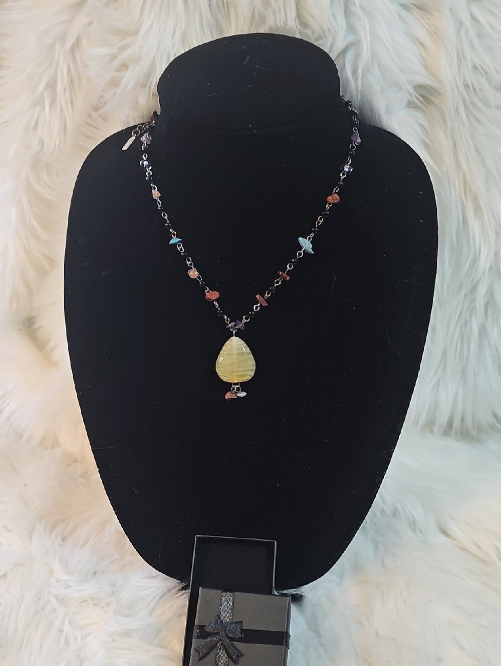 Relativity Yellow Teardrop Pendant Necklace with Multicolor Bead Chain #104